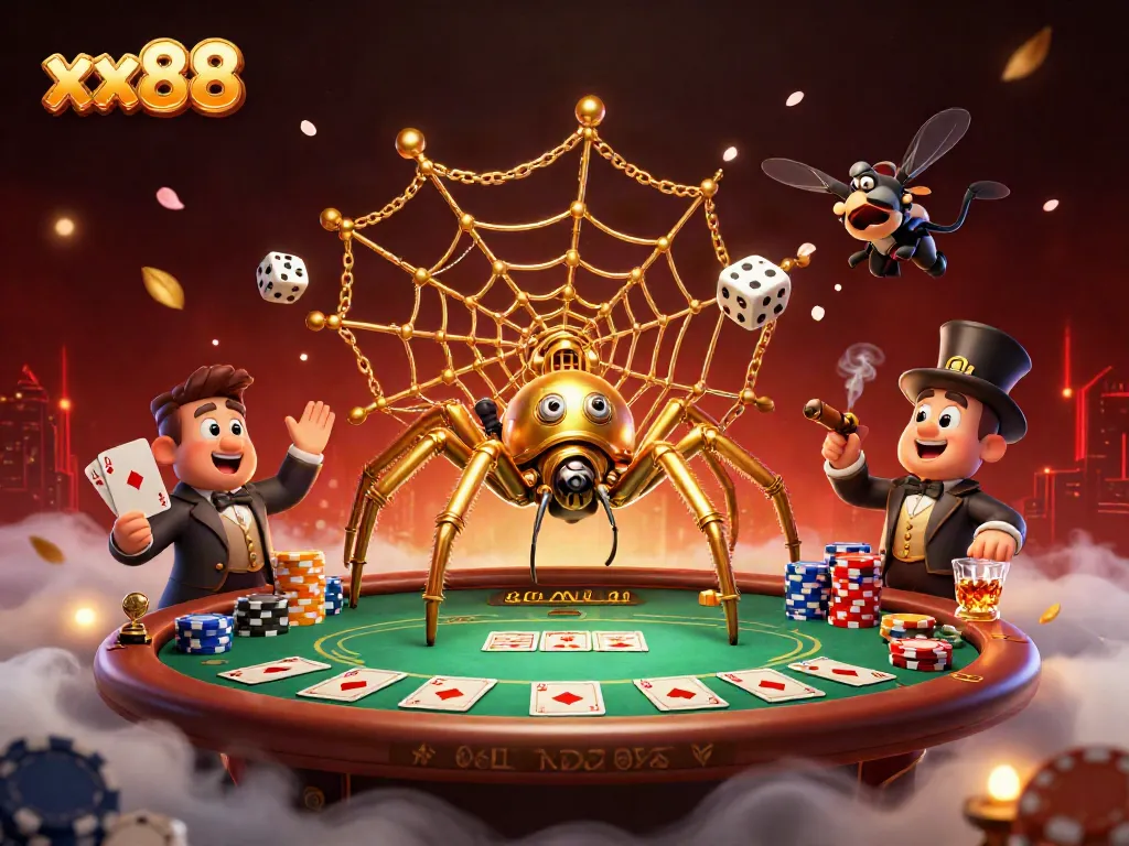 Win big at xx88 with this vibrant, detailed illustration of a steampunk spider and poker elements.