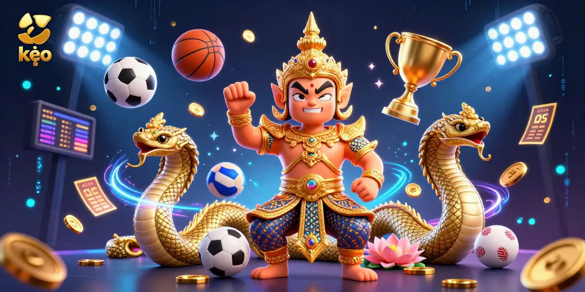Exciting soi kèo scene with legendary Thai guardian and dynamic sports elements in a vibrant casino setting