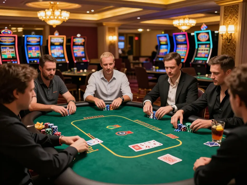 Players engaged in strategic gameplay at a poker table showcasing NHÀ CÁI XO88's luxurious casino environment and exciting action.
