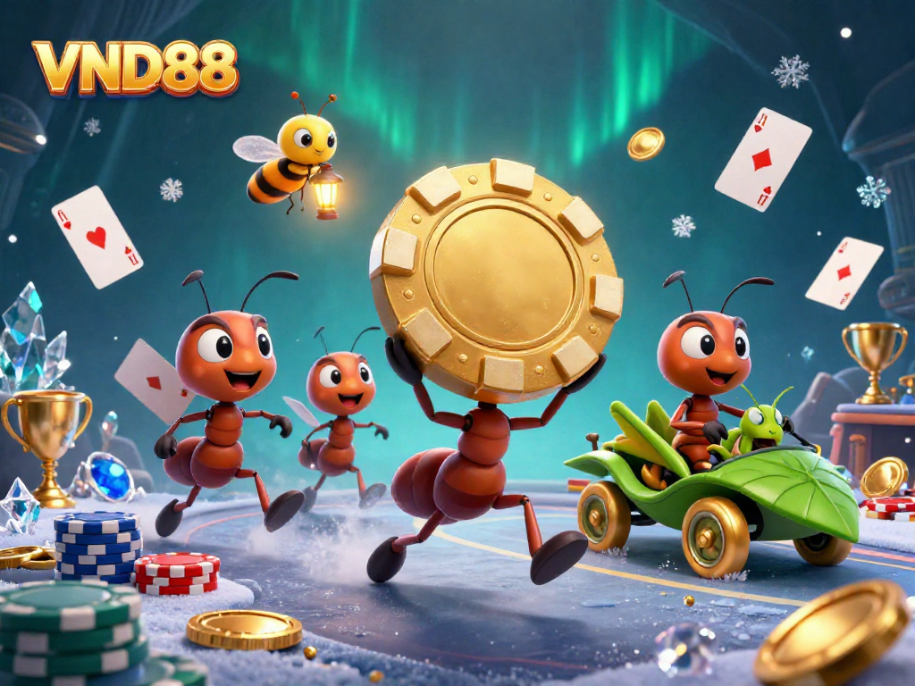 VND88 Casino Heist: Ants transporting a giant golden poker chip in a vibrant 3D illustration.