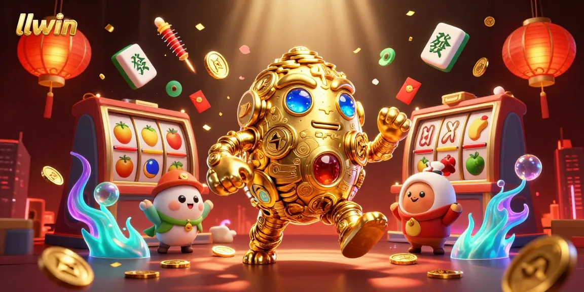 Experience the excitement of llwin with vibrant slot reels, a golden golem, and festive elements.