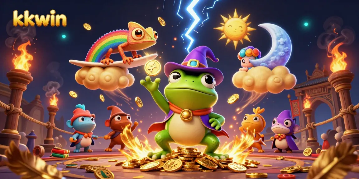Engage with kkwin's exciting golden coin storm in a vibrant casino scene.