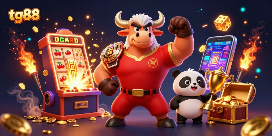 Spin the reels with tg88's fun 3D mascot characters celebrating casino wins and exciting game elements.