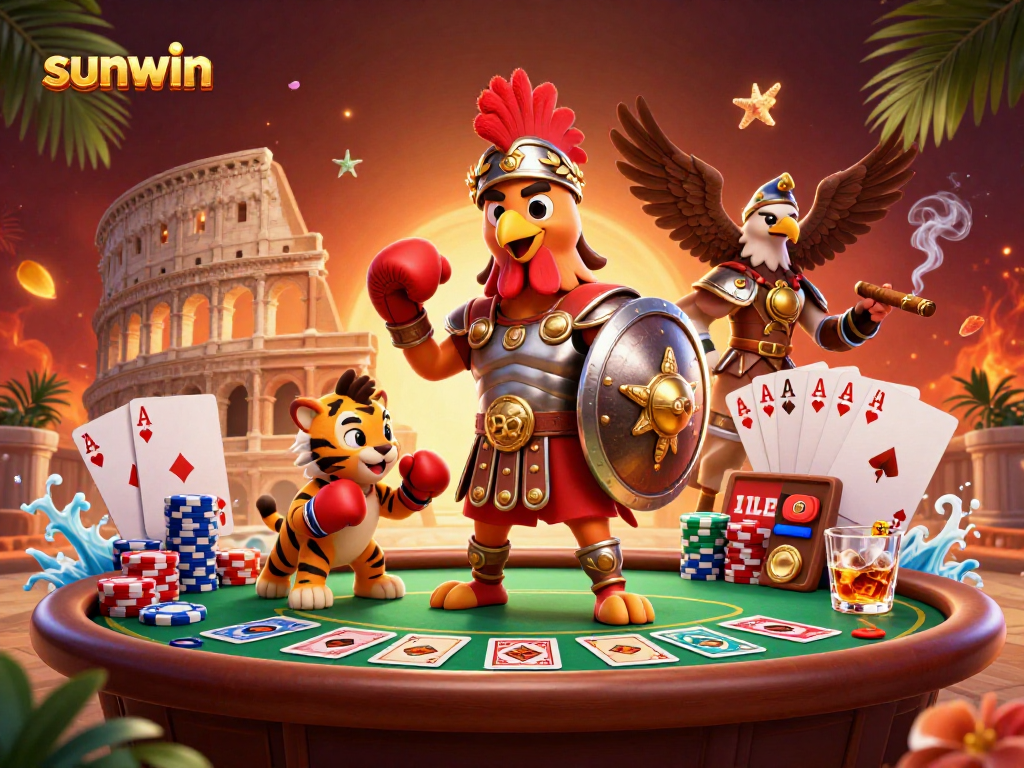 sunwin offers high-stakes poker excitement with 3D gladiator rooster and gambling elements