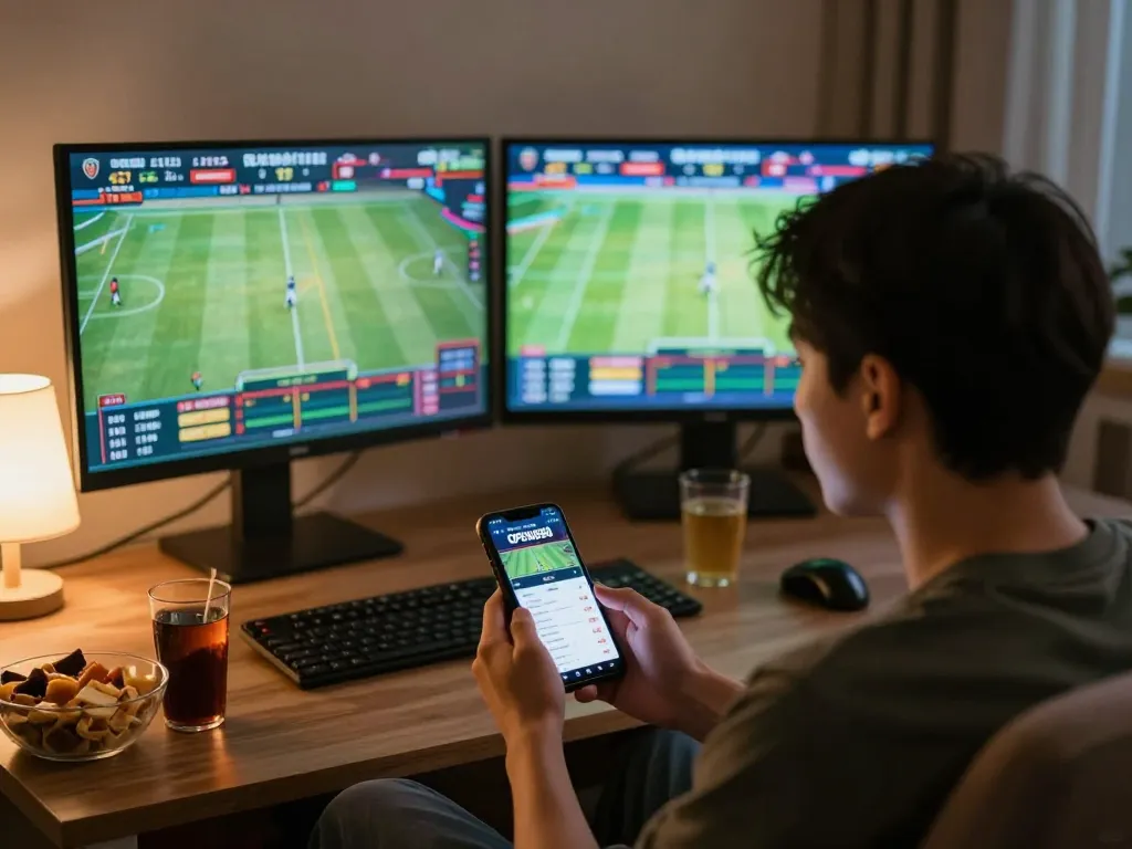 Exciting sports betting moment with OPEN888 app in a cozy home setup.
