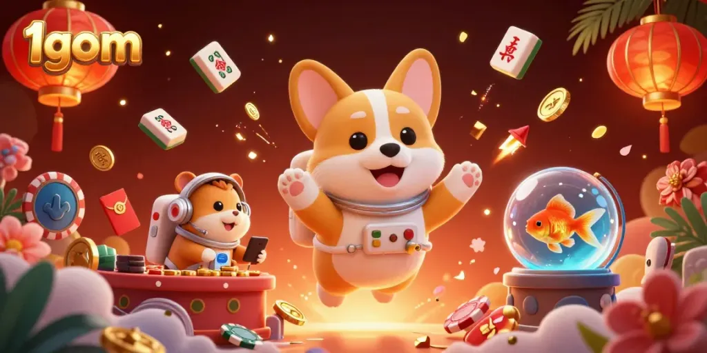 Engage with the immersive 1gom casino experience featuring a space-themed 3D illustration with animated characters and dynamic gaming elements.