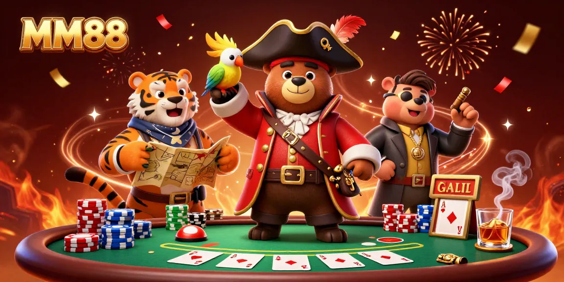Join the adventure with MM88's exciting casino scene featuring lively characters and vibrant gambling elements.
