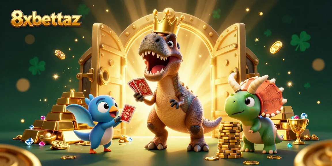 Experience excitement with 8xbettaz as T-Rex and friends embrace casino thrills while stacking treasure.