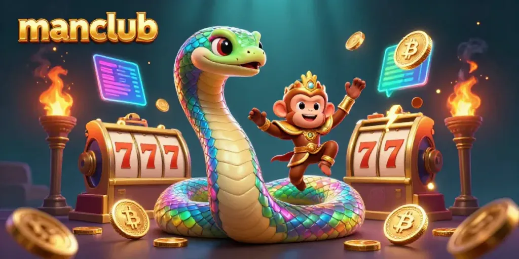 Play slots and win big with manclub in an energetic casino scene featuring a magical serpent and gold coins.