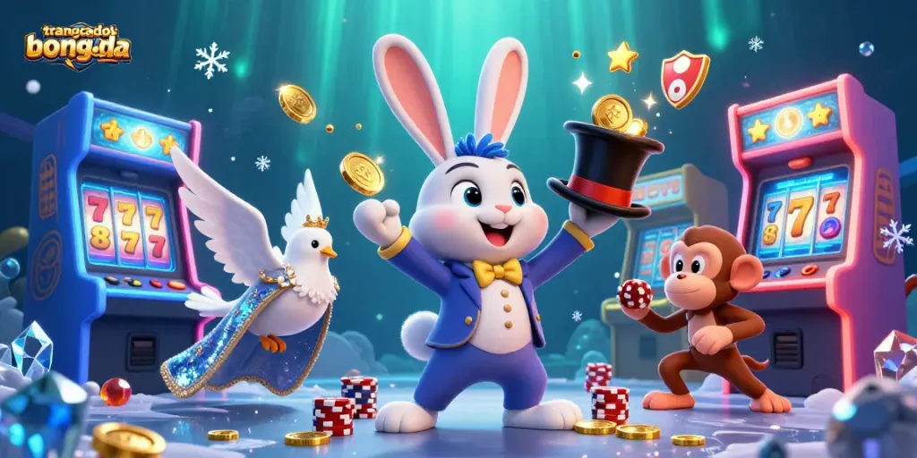Experience the excitement of trangcadobongda with a dazzling illustration featuring a magician rabbit and casino elements.
