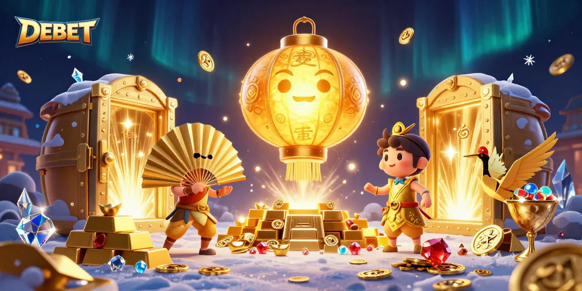 Experience the thrill of DEBET with vibrant casino elements and golden treasures in a captivating scene.
