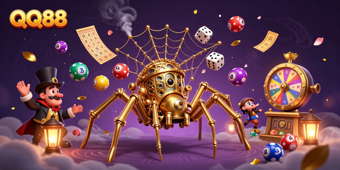 Experience thrilling games at QQ88, featuring a vibrant steampunk spider scene with dynamic lottery elements and golden tickets.