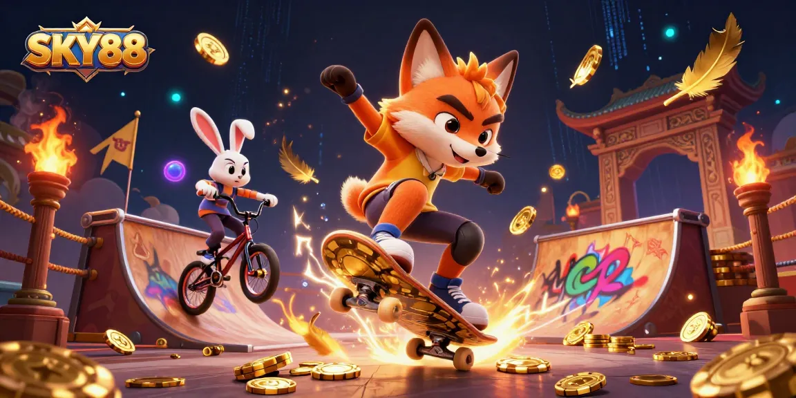 SKY88 showcases a vibrant scene with a skateboarder fox and BMX rabbit amidst casino elements.