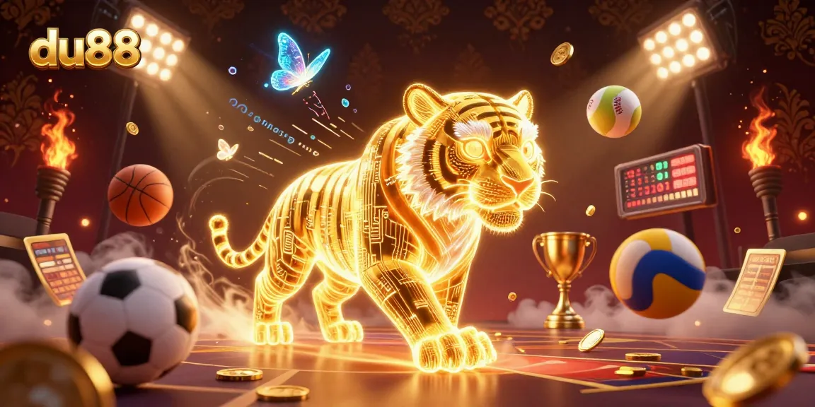du88 offers an immersive gaming experience with a vibrant golden tiger and sports elements in a digital casino.