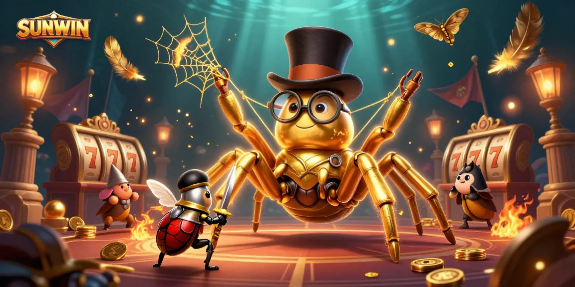 SUNWIN showcases an adventurous scene with a golden tarantula and beetle knight ready for casino action.