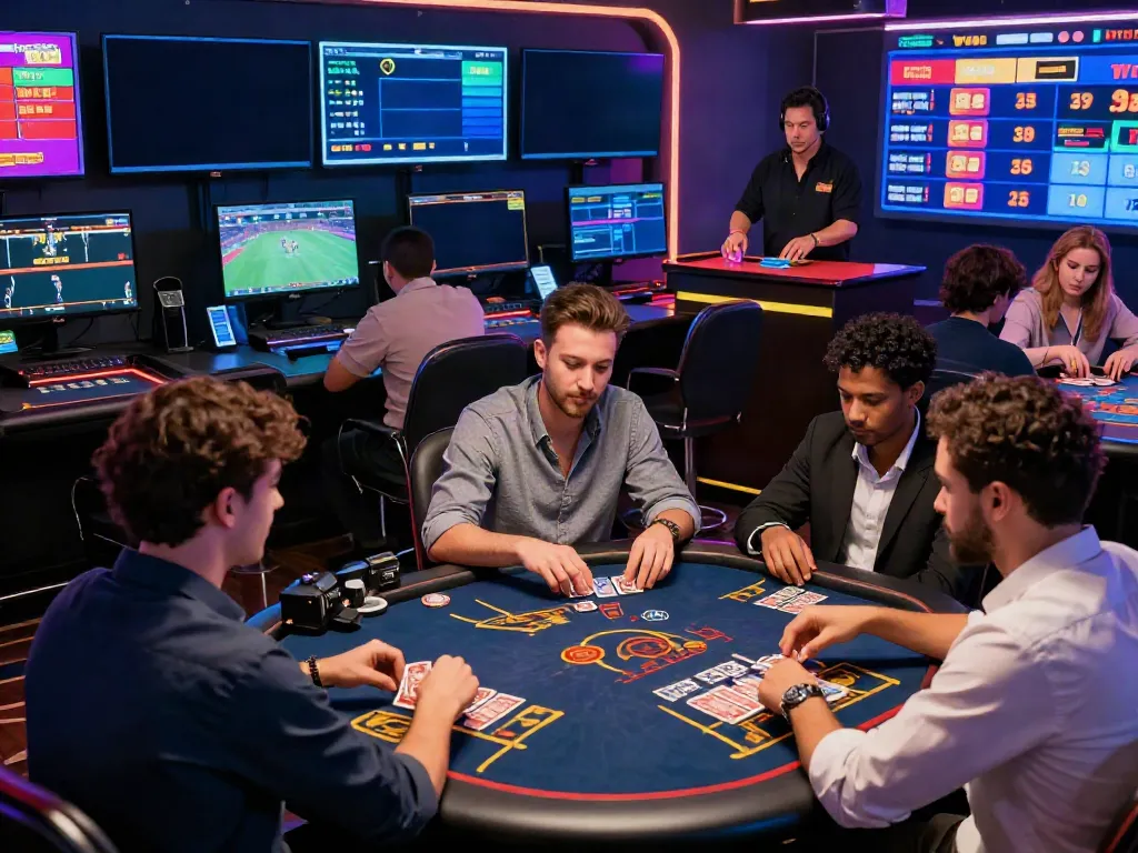 Engaging digital casino scene highlighting nhà cái 78win with players at virtual tables and screens displaying live odds.