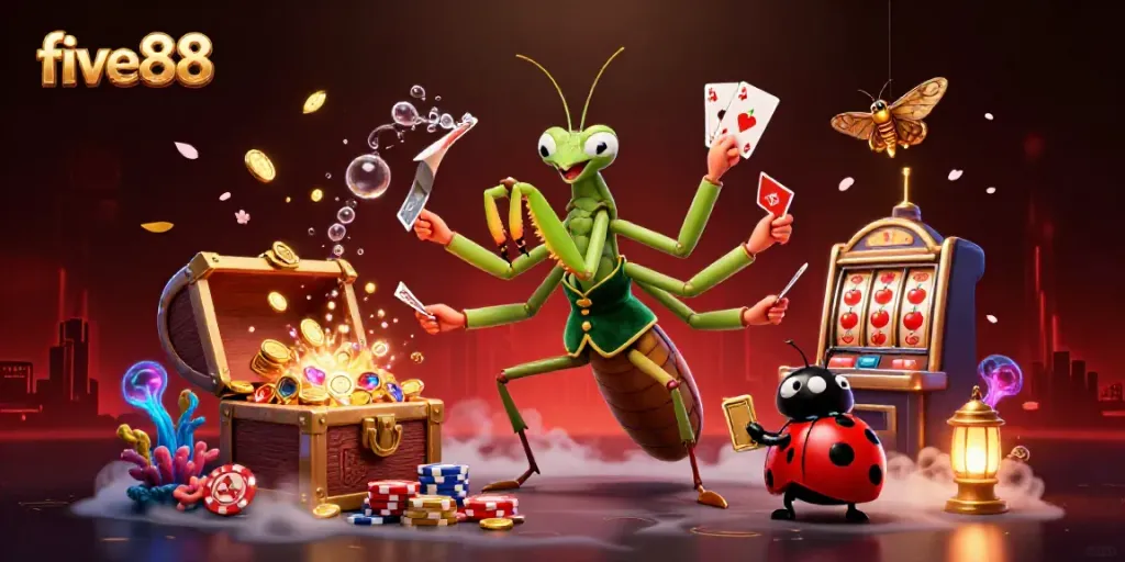 Experience thrilling gameplay at five88 with an exciting 3D casino scene featuring vibrant characters and game elements.