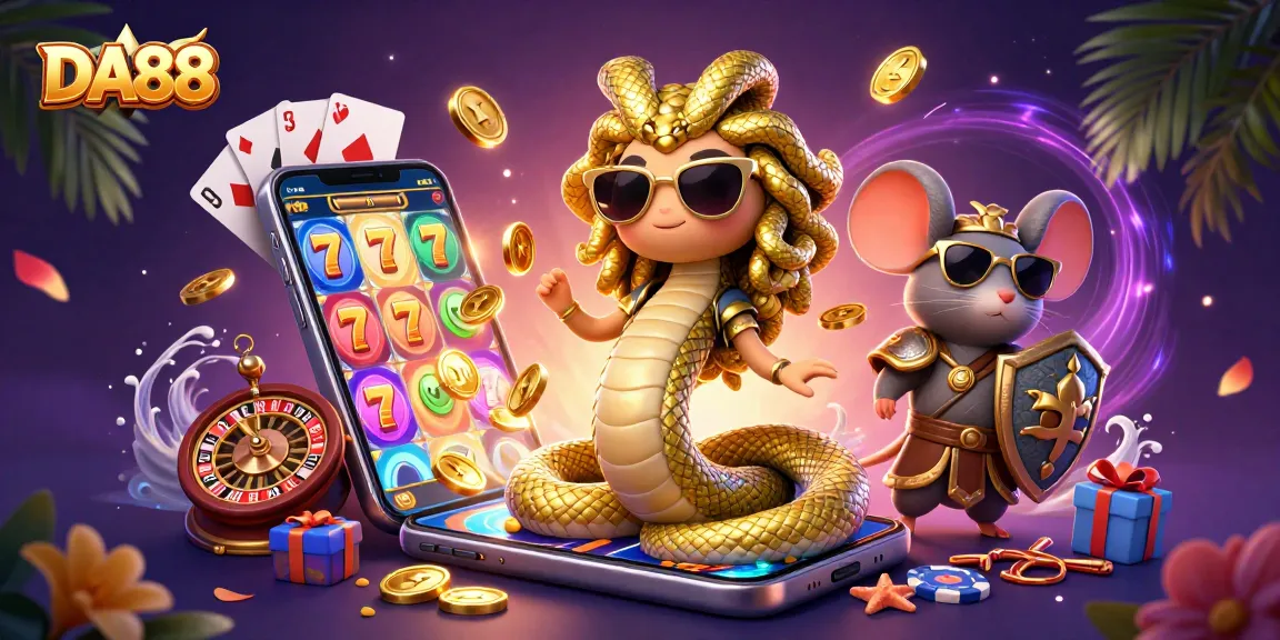 Engage with DA88's vibrant casino scene filled with cute Medusa and a warrior mouse enjoying slot games.