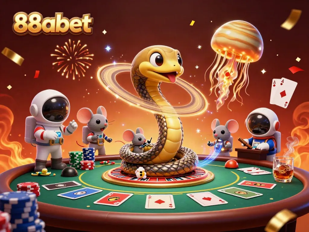 Experience thrilling bets with 88abet at the cosmic roulette table featuring mice gamblers and a golden jellyfish dealer.
