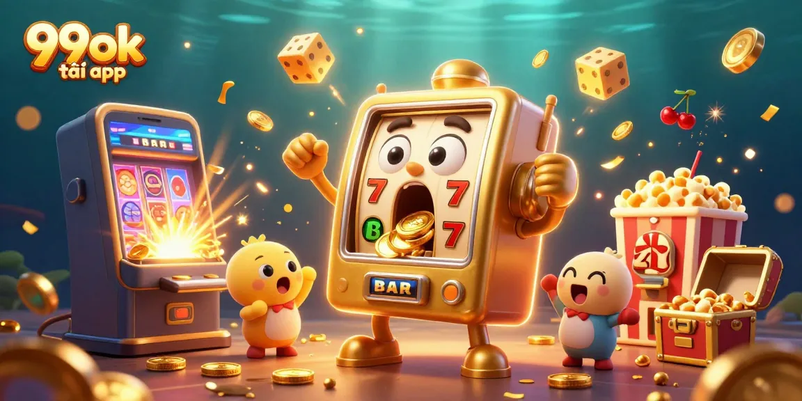 Experience the excitement of 99ok tải app as the jackpot-winning slot machine celebrates amidst a vibrant casino scene.