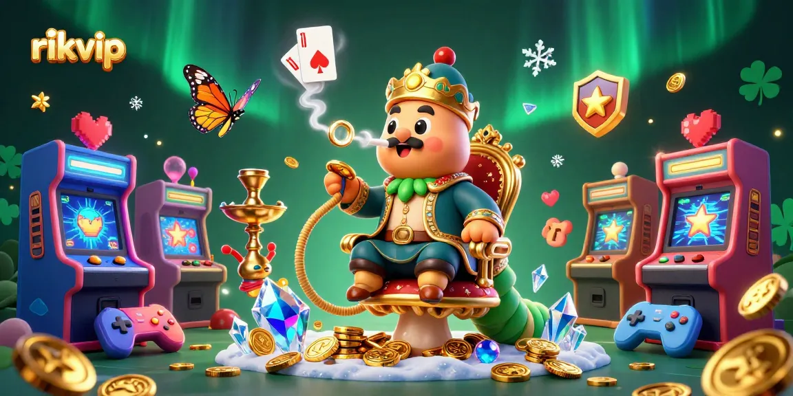 Experience exciting gaming adventures at rikvip with a vibrant 3D illustration of a caterpillar hookah-master amidst colorful arcade games.