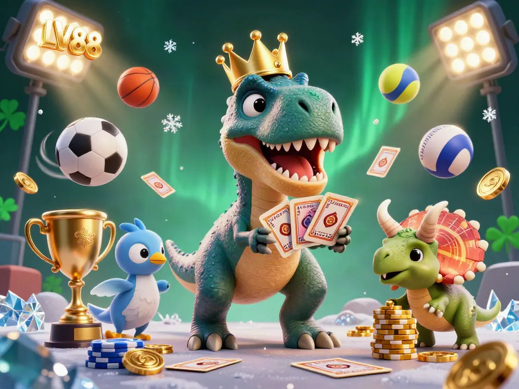 Experience excitement at LV88 with a vibrant 3D scene of a playful T-Rex, pterodactyl, and triceratops among dynamic sports elements.