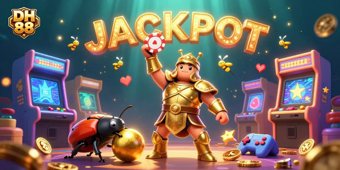 DH 88 brings excitement to gamblers with a gladiator beetle and jackpot scene in this vibrant 3D illustration.
