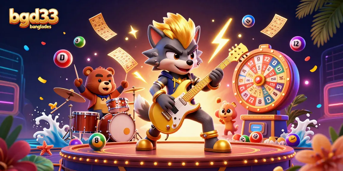 Engage with BGD33 banglades as the rock star wolf shreds guitar on a vibrant casino stage surrounded by dynamic game elements.