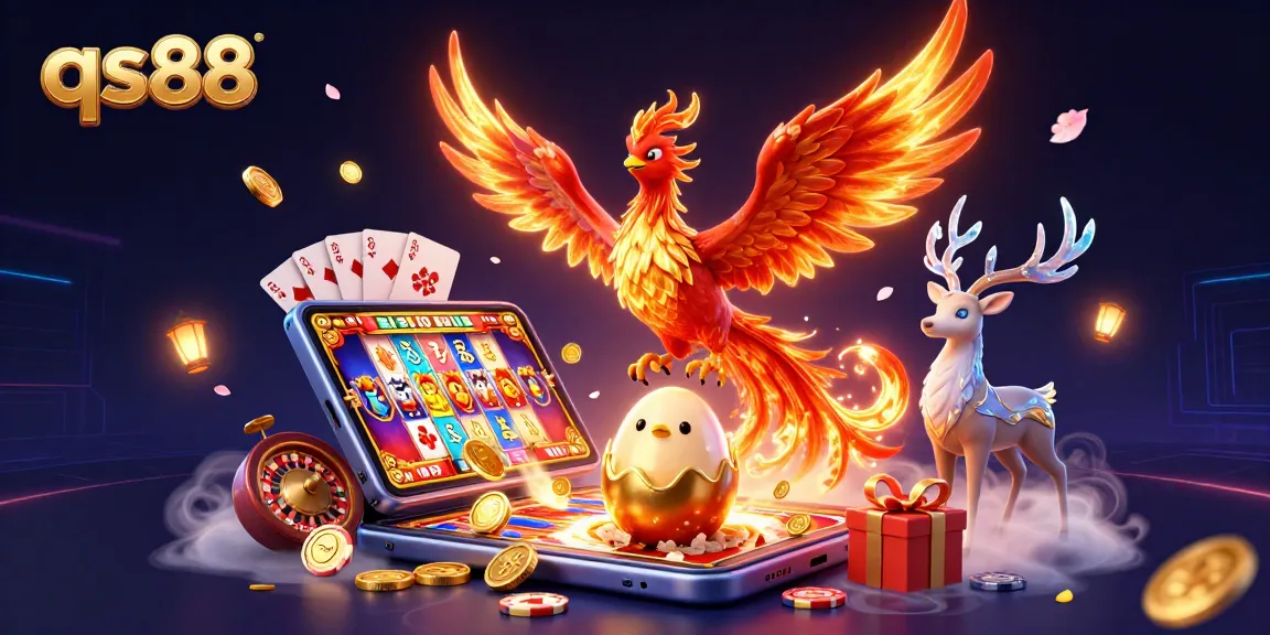 Spin the reels with qs88 as a vibrant phoenix and baby chick emerge in a casino-themed fantasy.