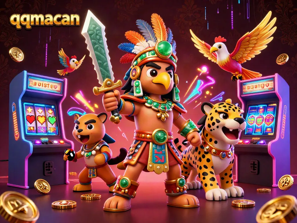 Experience thrilling gameplay in qqmacan with vibrant casino-themed 3D characters and colorful arcade machines.