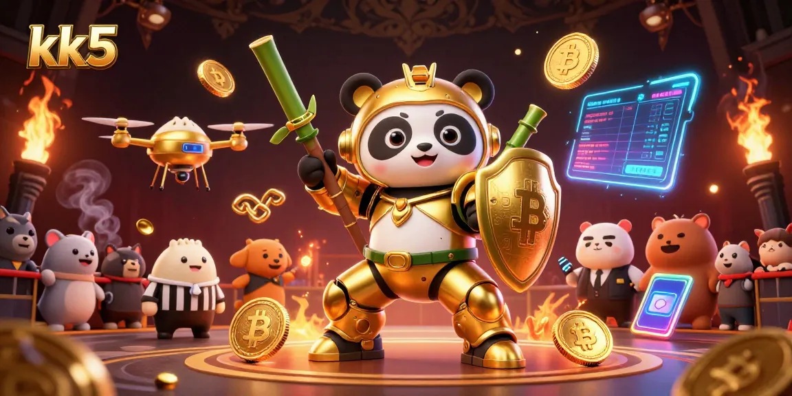 Engage in thrilling gaming at kk5 with a dynamic mech-suit panda and vibrant crypto elements.