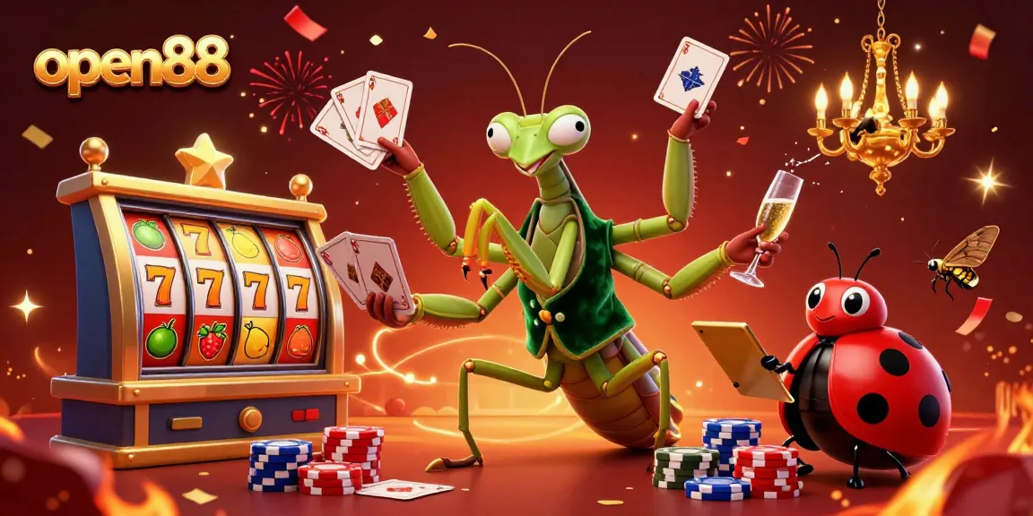 Join the excitement of open88 as the giant praying mantis deals cards in a lively casino scene.