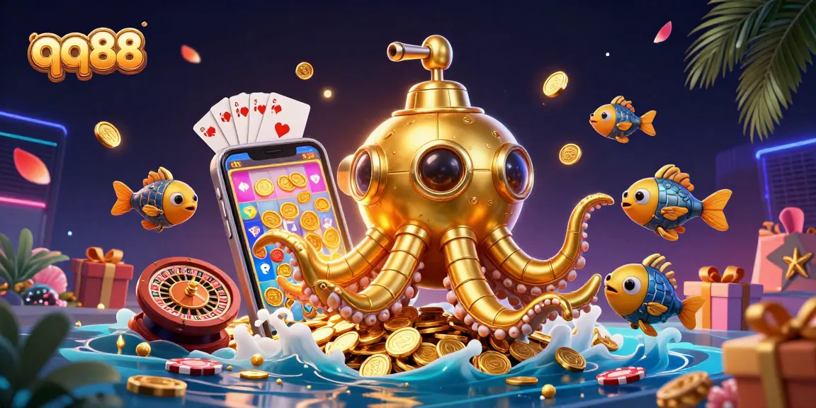 Join the thrill at qq88 with an engaging 3D scene showcasing vibrant casino elements.