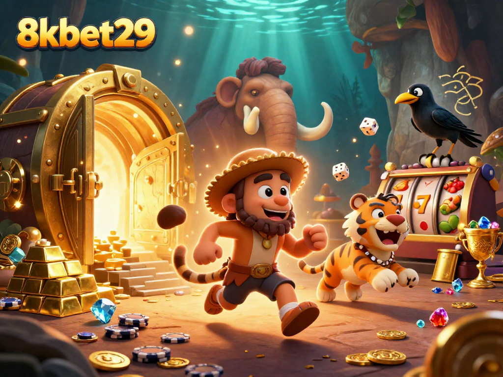 Experience the thrilling adventures of 8kbet29 at a prehistoric casino with dazzling treasure and slot reels.