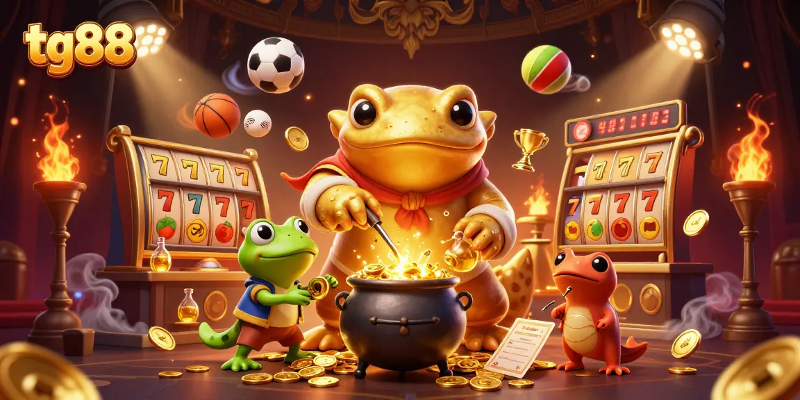 Engaging tg88 gambling scene with golden salamander, slot machines, and dynamic sports elements.