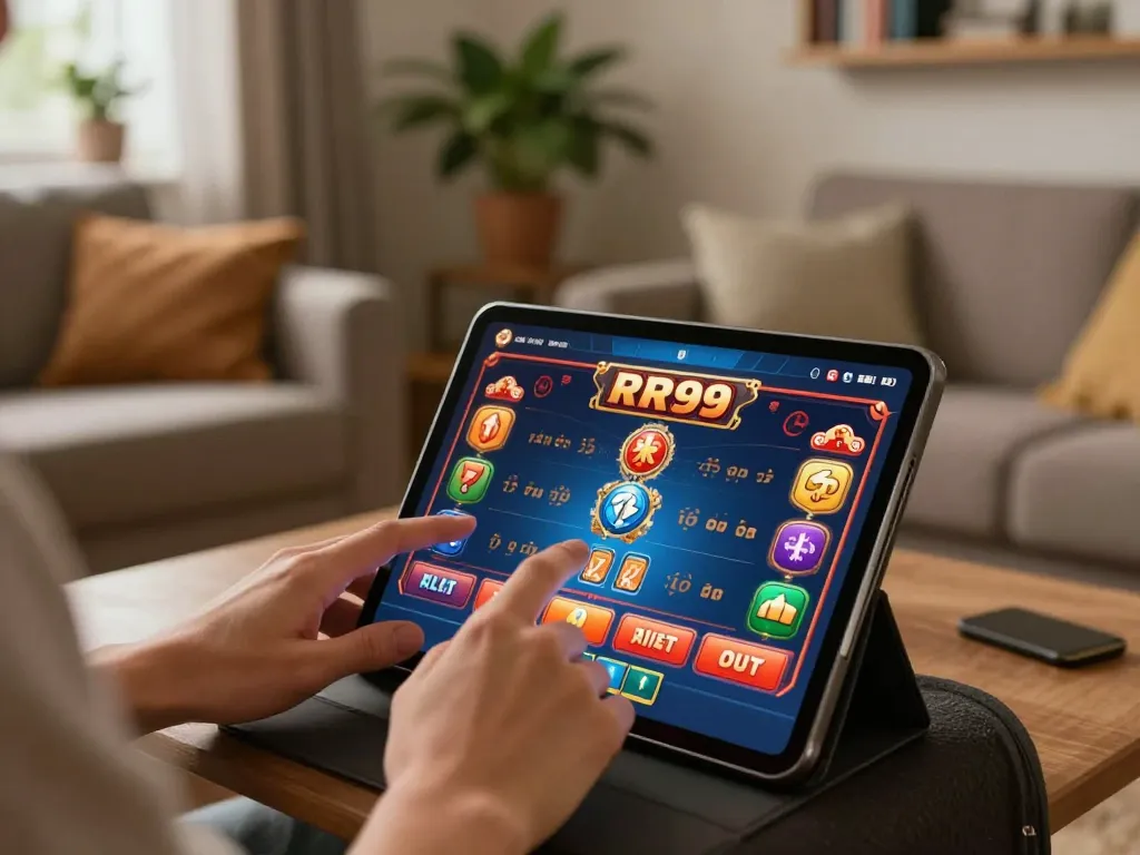 Player strategizing on RR99 mobile casino app in a cozy home setting