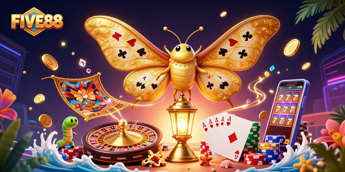 Experience the thrill of FIVE88 with vibrant casino elements in this immersive illustration.