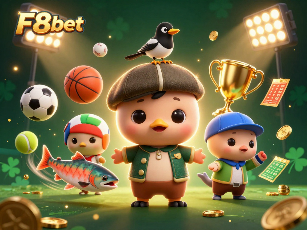 Engage with F8bet in a vibrant 3D casino-themed illustration showcasing sports betting elements.