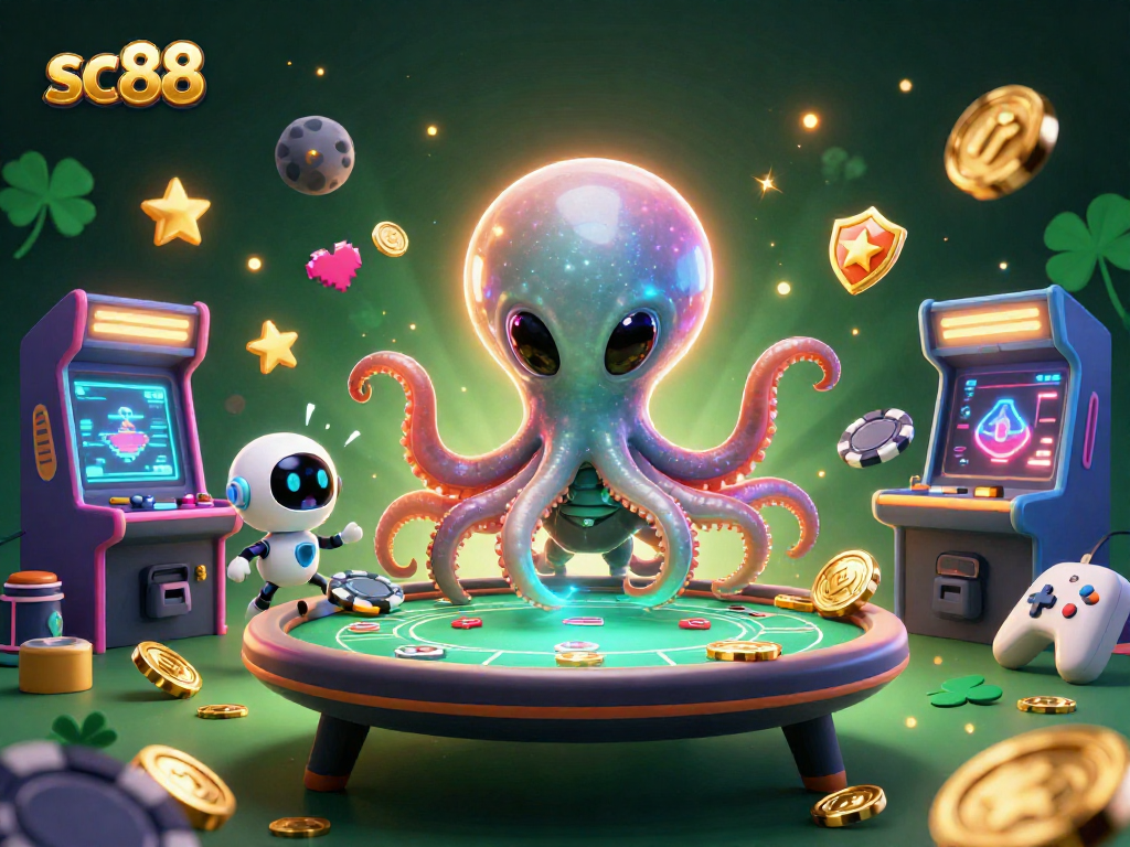 Engage with sc88's vibrant 3D casino world where a cartoon alien octopus hosts an interactive poker game.