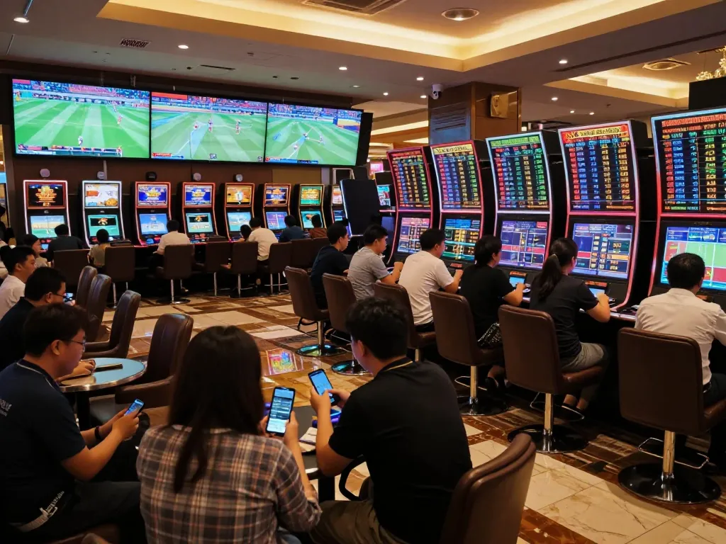 Spectators engaging in soi keo nha cai sportsbook betting with live events in a casino.