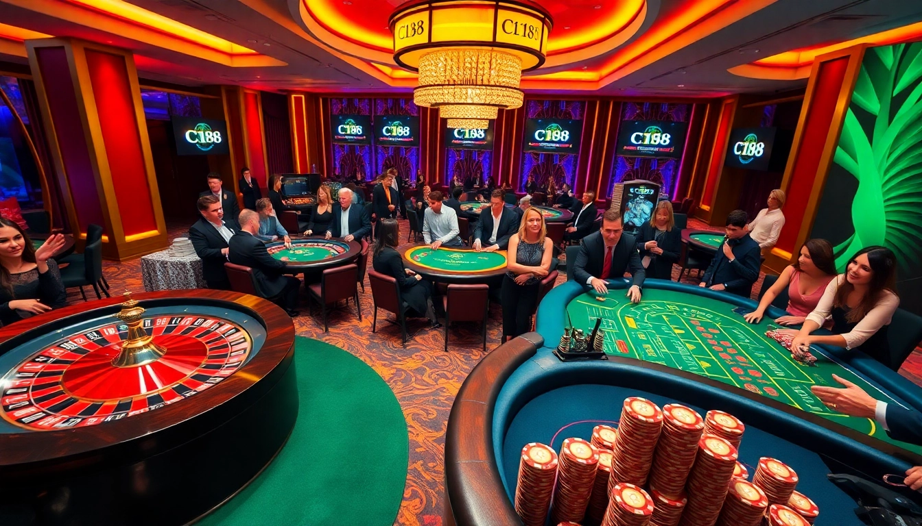 Experience C168's thrilling casino atmosphere with excited players and vibrant tables.