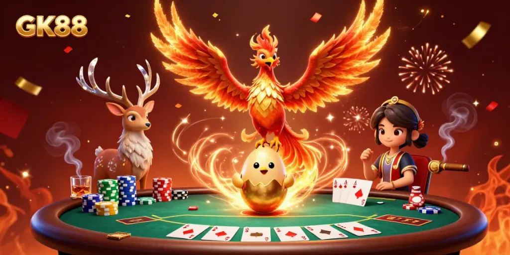 Experience thrilling action at GK88 with a dynamic scene featuring a majestic phoenix and engaging poker elements.