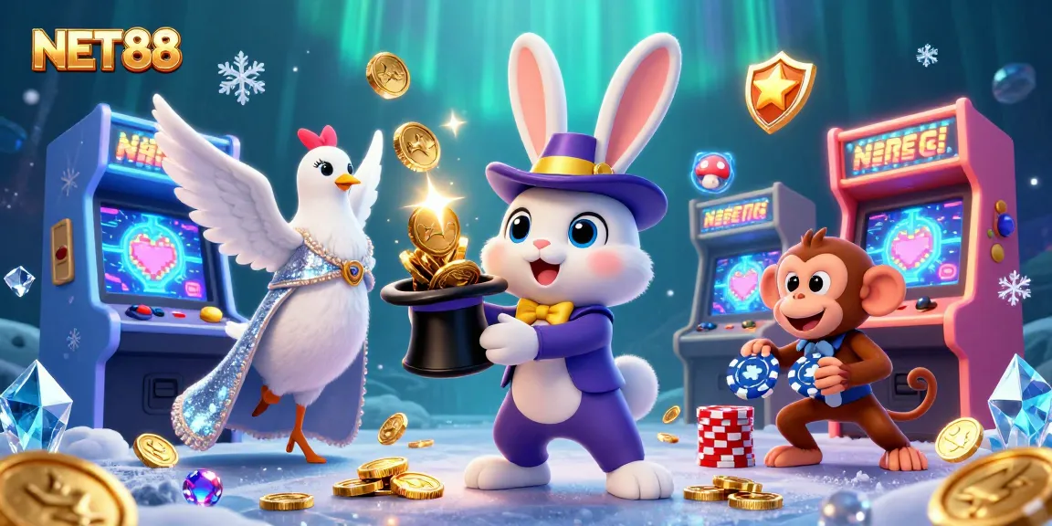 Experience winning magic with NET88 in a vibrant 3D illustration featuring exciting casino characters and game elements.