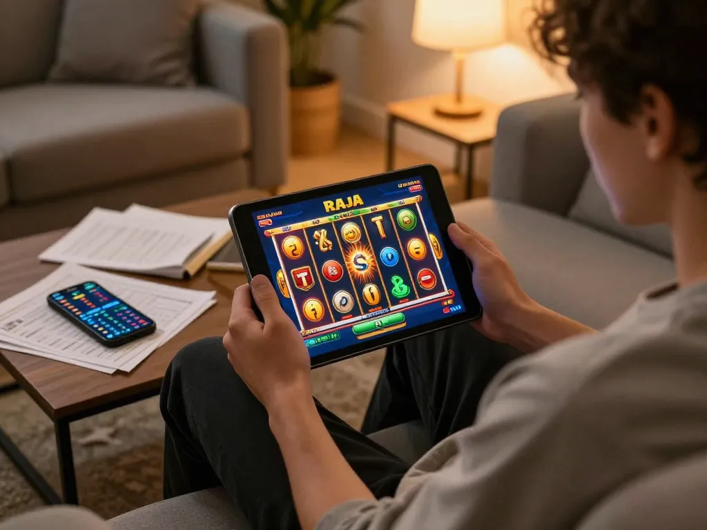 Pemain menikmati permainan raja slot di tablet, dikelilingi catatan strategi dalam suasana nyaman di rumah.
