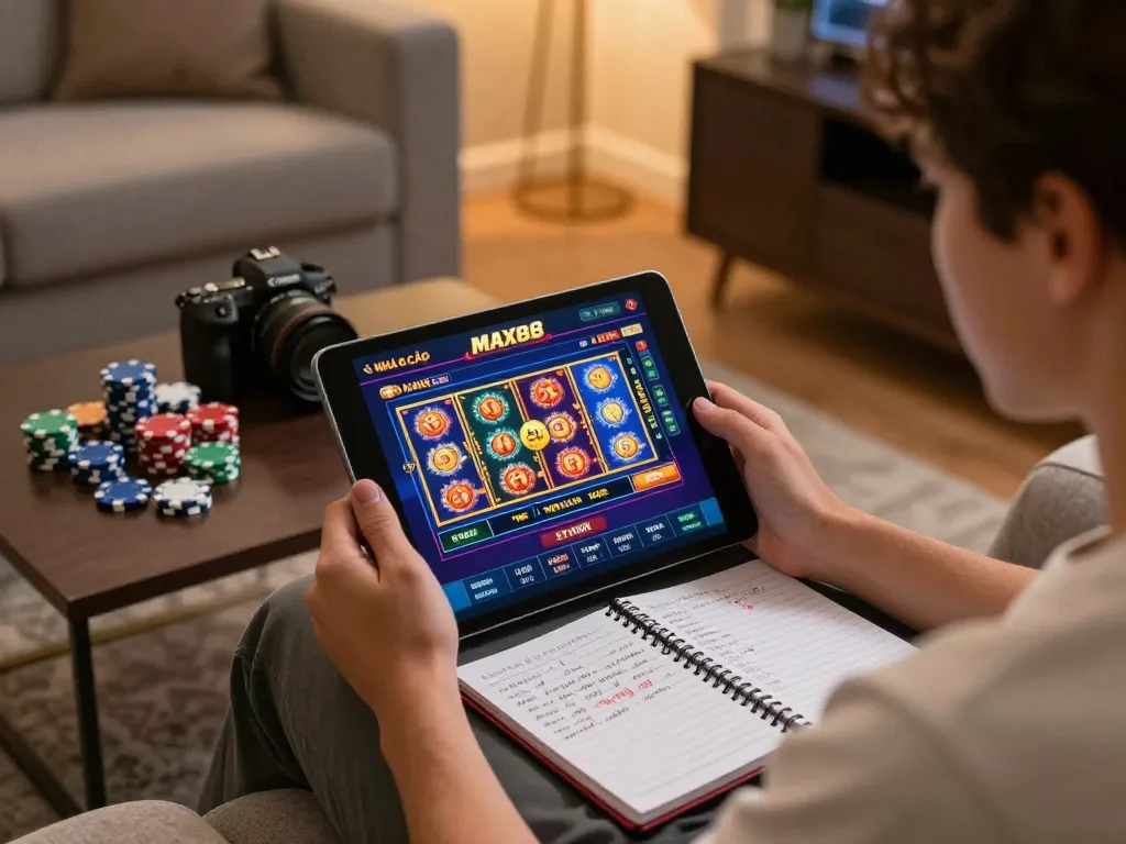 Enjoy online gaming at NHÀ CÁI MAX88 with a tablet, showcasing exciting slot games and strategies on a cozy couch.