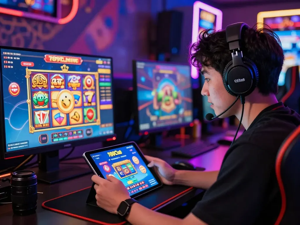 Engaged player using the 789Club app, showcasing vibrant casino games and an exciting gaming atmosphere while tải 789club.