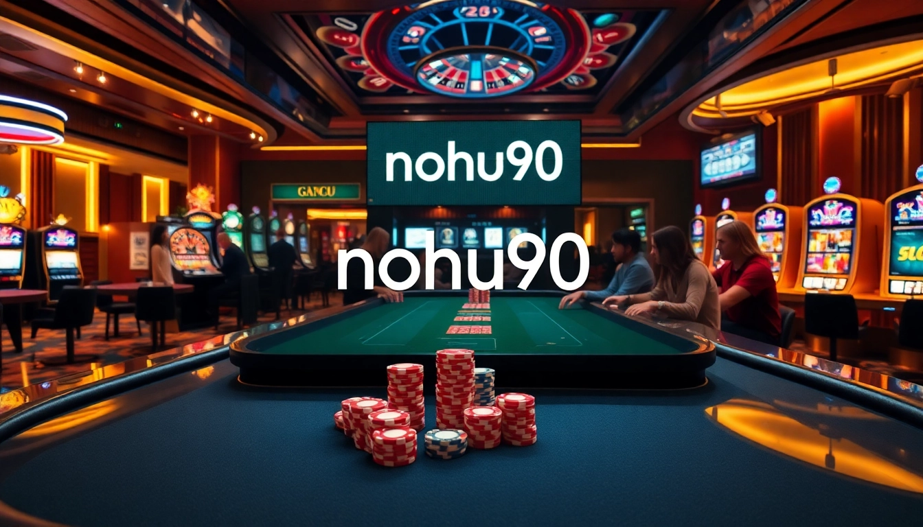 Nohu90 casino players engage at exciting poker table with vibrant chips and roulette.