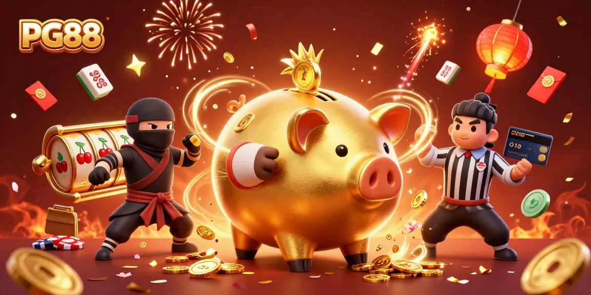 Engage with PG88's games featuring a golden piggy bank sumo wrestler amid dynamic casino elements.