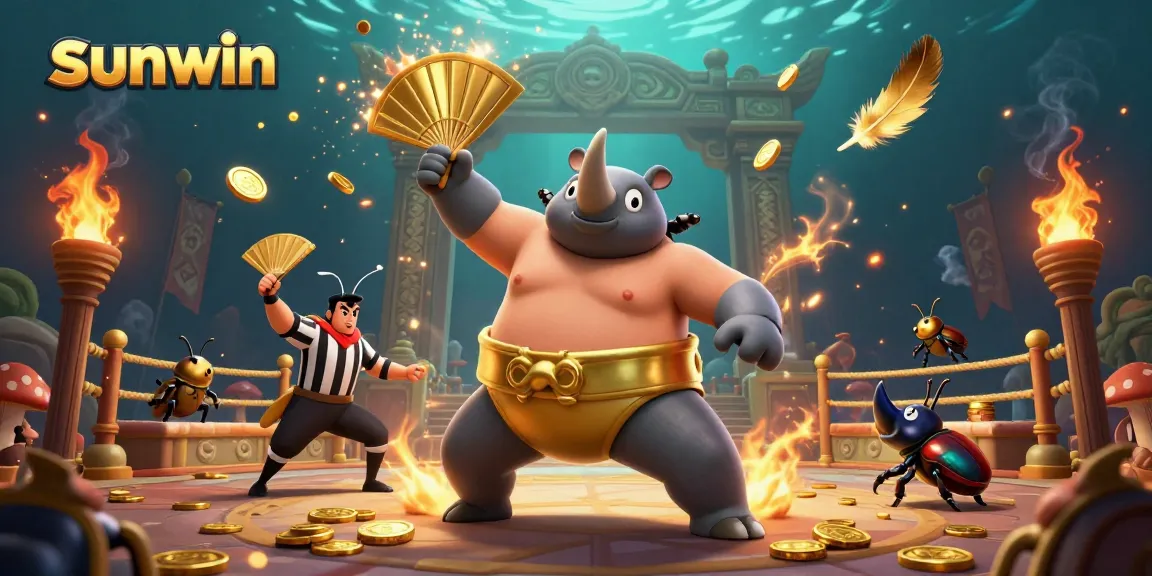 Bet on thrilling sunwin adventures with a sumo beetle champion amidst flying coins and dynamic effects.