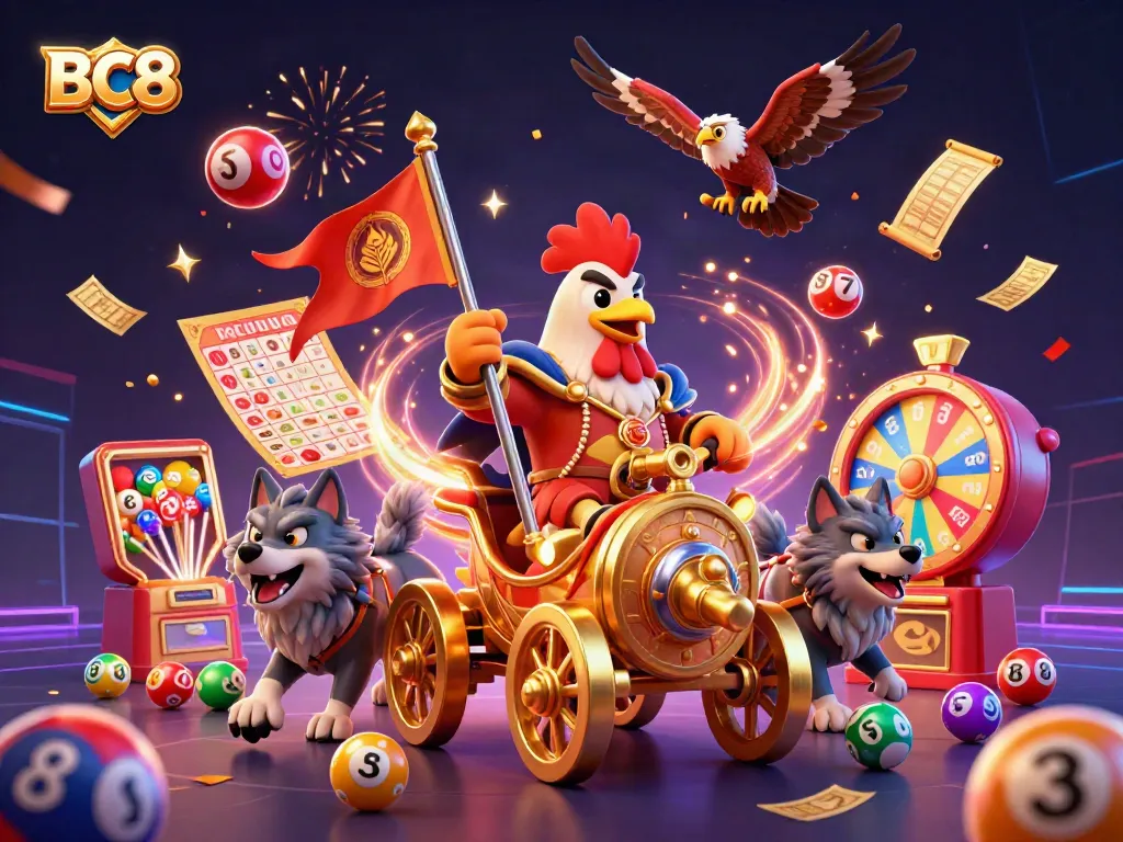 Engaging BC8 illustration with a rooster warlord leading a vibrant casino scene filled with lottery balls, confetti, and gold effects.
